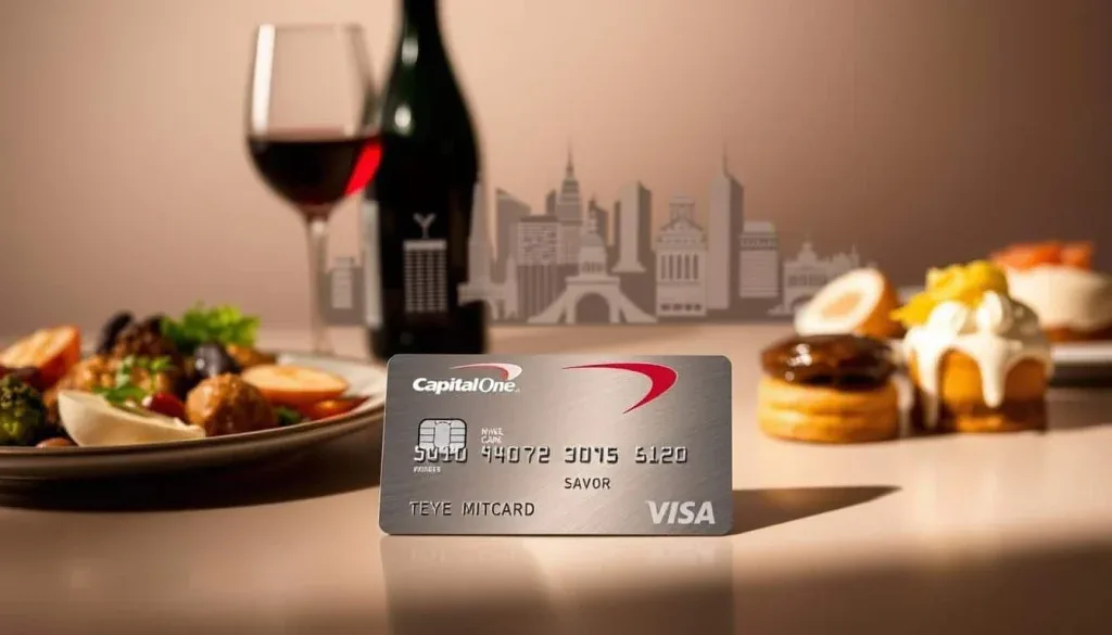 A sophisticated, elegantly composed image showcasing the luxurious perks and benefits of the Capital One Savor Card. In the foreground, a polished metal credit card gleams under soft, diffused lighting, casting a subtle reflection on the smooth, glossy surface. Surrounding the card, an assortment of enticing culinary delights, such as a gourmet meal, a glass of fine wine, and a decadent dessert, illustrate the card's exceptional dining and entertainment rewards. In the middle ground, a stylized illustration of a vibrant city skyline, with iconic landmarks and bustling activity, evokes the excitement and adventure that the card's partner benefits enable. The background features a sophisticated, muted color palette, adding a sense of refinement and exclusivity to the overall scene.