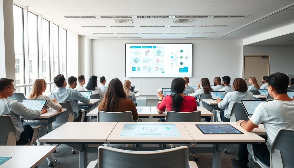 A spacious, well-lit classroom with modern, ergonomic desks and chairs. In the foreground, a group of attentive users, their faces expressing a mix of concentration and curiosity, as they engage with touch-enabled devices displaying intuitive, user-friendly interfaces. The middle ground features a central podium or demonstration area, with a large interactive display screen showcasing clear, visually-striking graphics and illustrations related to the use of AI-powered healthcare devices. The background is composed of floor-to-ceiling windows, allowing natural light to flood the space and create a sense of openness and clarity. The overall mood is one of collaborative learning, technological progression, and a forward-thinking approach to healthcare technology adoption.