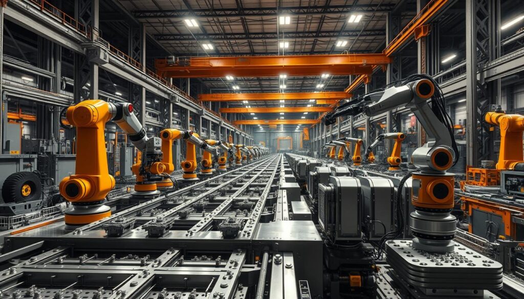 A sprawling, high-tech industrial facility, where robotic arms and precision machinery work in seamless harmony. Gleaming metal surfaces reflect the harsh, directional lighting, casting dramatic shadows across the scene. In the foreground, a complex robotic assembly line effortlessly manipulates intricate components, while in the middle ground, automated transport systems ferry materials between workstations. The background reveals a vast, cavernous space filled with towering gantry cranes and looming industrial equipment, conveying a sense of scale and technological sophistication. The overall atmosphere is one of efficient, automated productivity, where human ingenuity and machine intelligence converge to create a modern, cutting-edge industrial landscape. A sprawling, high-tech industrial facility, where robotic arms and precision machinery work in seamless harmony. Gleaming metal surfaces reflect the harsh, directional lighting, casting dramatic shadows across the scene. In the foreground, a complex robotic assembly line effortlessly manipulates intricate components, while in the middle ground, automated transport systems ferry materials between workstations. The background reveals a vast, cavernous space filled with towering gantry cranes and looming industrial equipment, conveying a sense of scale and technological sophistication. The overall atmosphere is one of efficient, automated productivity, where human ingenuity and machine intelligence converge to create a modern, cutting-edge industrial landscape.