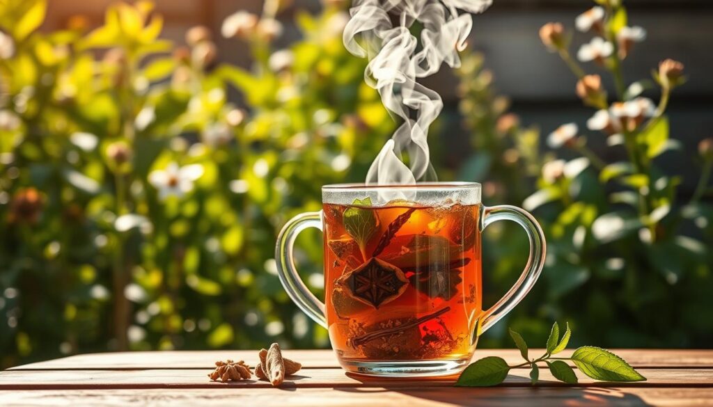A steaming mug of herbal tea, infused with vibrant herbs and soothing spices, rests on a wooden table. In the background, a lush garden of medicinal plants sways gently in the warm sunlight, their verdant leaves and delicate flowers casting soft shadows. The composition is captured with a shallow depth of field, drawing the viewer's attention to the inviting aroma and calming colors of the tea, which promises to provide a natural remedy for high blood pressure. The scene evokes a sense of tranquility and balance, reflecting the restorative properties of the carefully crafted brew. A steaming mug of herbal tea, infused with vibrant herbs and soothing spices, rests on a wooden table. In the background, a lush garden of medicinal plants sways gently in the warm sunlight, their verdant leaves and delicate flowers casting soft shadows. The composition is captured with a shallow depth of field, drawing the viewer's attention to the inviting aroma and calming colors of the tea, which promises to provide a natural remedy for high blood pressure. The scene evokes a sense of tranquility and balance, reflecting the restorative properties of the carefully crafted brew.