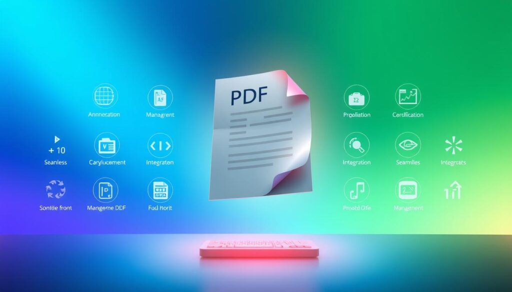 A stunning digital illustration showcasing the advantages of a versatile PDF viewer and scanner. In the foreground, a meticulously rendered PDF document hovers, its pages turning with a subtle animation. Surrounding it, a collection of intuitive icons and controls, each representing a key feature such as annotation tools, file management, and seamless integration with other applications. The middle ground features a sleek, minimalist interface, bathed in a warm, soft-focus glow, creating a sense of user-friendliness and efficiency. In the background, a subtle gradient shifts from a vibrant, optimistic blue to a calming, grounding green, conveying the versatility and reliability of the PDF viewer. The overall composition and lighting evoke a sense of professionalism, productivity, and the effortless management of digital documents. A stunning digital illustration showcasing the advantages of a versatile PDF viewer and scanner. In the foreground, a meticulously rendered PDF document hovers, its pages turning with a subtle animation. Surrounding it, a collection of intuitive icons and controls, each representing a key feature such as annotation tools, file management, and seamless integration with other applications. The middle ground features a sleek, minimalist interface, bathed in a warm, soft-focus glow, creating a sense of user-friendliness and efficiency. In the background, a subtle gradient shifts from a vibrant, optimistic blue to a calming, grounding green, conveying the versatility and reliability of the PDF viewer. The overall composition and lighting evoke a sense of professionalism, productivity, and the effortless management of digital documents.