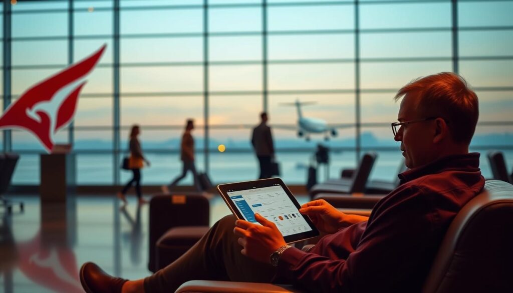 A tranquil airport lounge, bathed in soft, warm lighting, with Qantas Airways' iconic kangaroo logo prominently displayed. In the foreground, a traveler sitting comfortably, meticulously planning their journey using a tablet device, exploring the intricacies of Qantas Points redemption options. In the middle ground, fellow passengers move gracefully, while the background reveals the distant silhouettes of aircraft taking flight, symbolizing the endless possibilities for travel. The scene evokes a sense of efficiency, luxury, and the seamless integration of technology, reflecting the essence of "Maximizing points on flights and partner airlines".