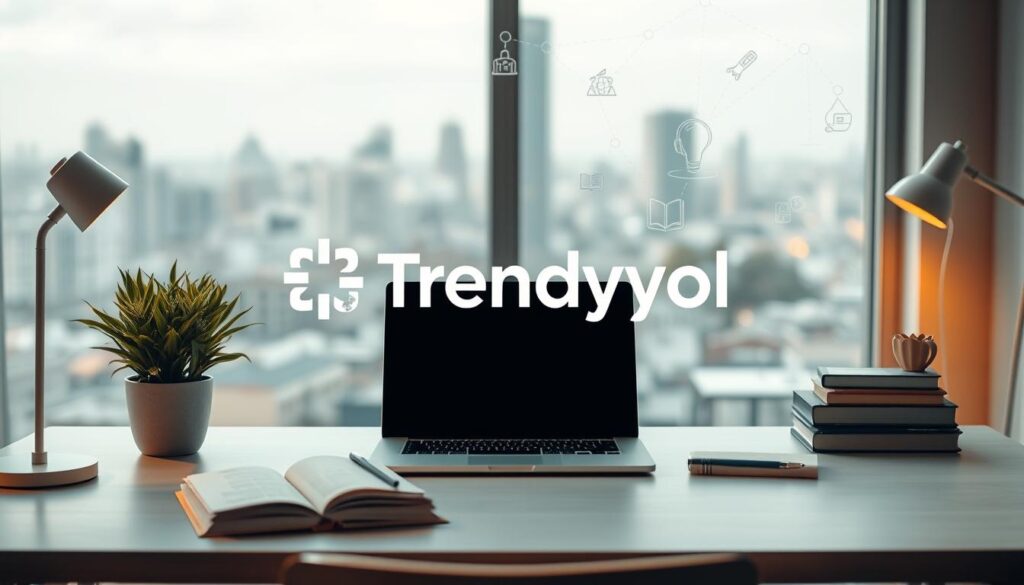 A tranquil online education setting with the Trendyol logo prominently displayed. The foreground features a modern, minimalist desk setup with a laptop, books, and a potted plant. The middle ground showcases various educational materials and icons, suggesting the diverse online courses available. In the background, a soft, blurred cityscape provides a sense of urban connectivity. The lighting is warm and natural, creating a cozy, inviting atmosphere. The composition is balanced, with a clean, sophisticated aesthetic that aligns with the Trendyol brand. A tranquil online education setting with the Trendyol logo prominently displayed. The foreground features a modern, minimalist desk setup with a laptop, books, and a potted plant. The middle ground showcases various educational materials and icons, suggesting the diverse online courses available. In the background, a soft, blurred cityscape provides a sense of urban connectivity. The lighting is warm and natural, creating a cozy, inviting atmosphere. The composition is balanced, with a clean, sophisticated aesthetic that aligns with the Trendyol brand.