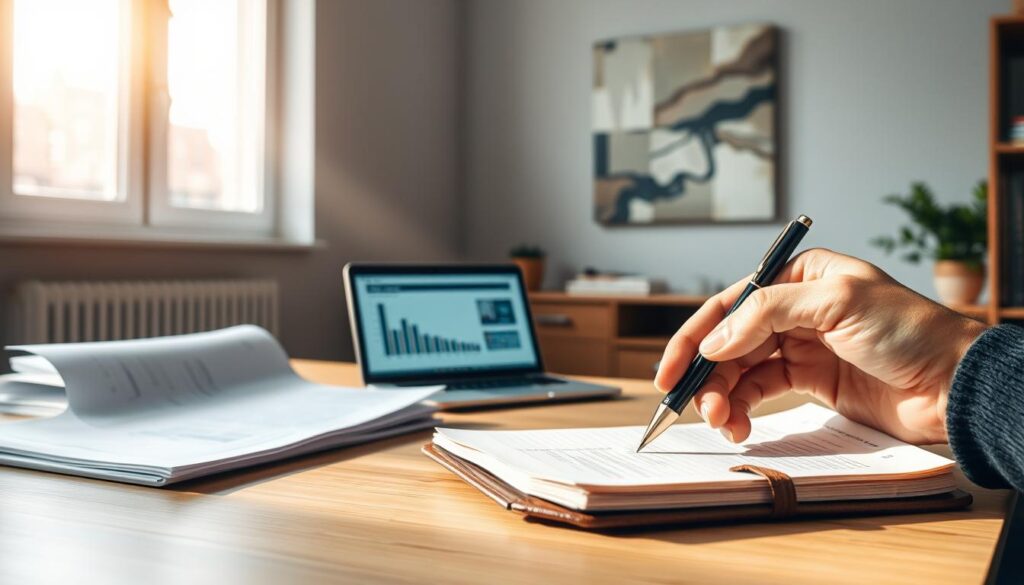 A tranquil, softly-lit office scene with a wooden desk, a stack of finance documents, and a laptop displaying a spreadsheet. On the wall, an abstract painting in muted tones evokes a sense of strategic planning. Sunlight filters through the windows, casting a warm glow over the workspace. In the foreground, a person's hand holds a pen, poised to make notes in a leather-bound notebook, symbolizing the thoughtful development of an economic strategy. A tranquil, softly-lit office scene with a wooden desk, a stack of finance documents, and a laptop displaying a spreadsheet. On the wall, an abstract painting in muted tones evokes a sense of strategic planning. Sunlight filters through the windows, casting a warm glow over the workspace. In the foreground, a person's hand holds a pen, poised to make notes in a leather-bound notebook, symbolizing the thoughtful development of an economic strategy.