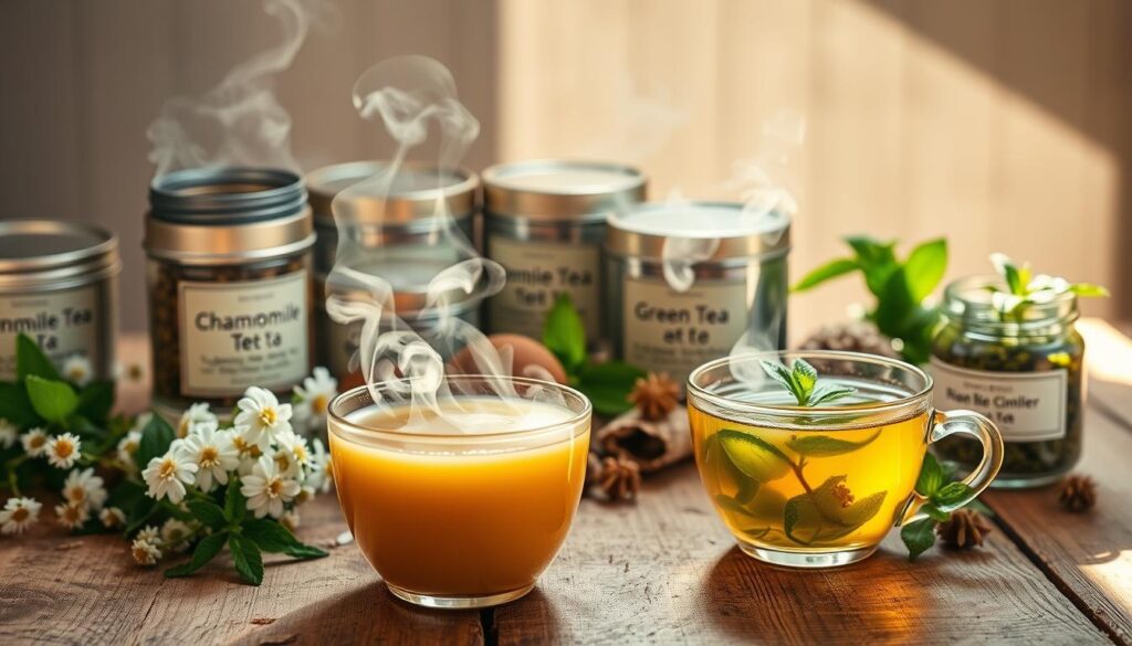 A tranquil still life showcasing an assortment of calming herbal teas, meticulously arranged on a rustic wooden surface. In the foreground, steaming cups of chamomile, green tea, and peppermint infusions, their aromatic steam curling delicately. The middle ground features neatly stacked tea tins and jars, their labels highlighting the soothing, skin-nourishing properties of the contents. Soft, natural lighting filters in from the side, casting gentle shadows and highlights that emphasize the inviting texture of the ingredients. The overall mood is one of serene, holistic wellness - a visual representation of teas that can help soothe and balance acne-prone, sensitive complexions.