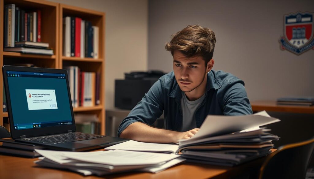 A university student sitting at a desk, frustrated and perplexed, surrounded by a stack of papers and a laptop displaying an error message on the screen. The lighting is warm and slightly dimmed, creating a contemplative atmosphere. In the background, a bookshelf filled with textbooks and a university logo on the wall, indicating the academic setting. The student's expression conveys the challenges of navigating university bureaucracy and resolving issues with their student card. A university student sitting at a desk, frustrated and perplexed, surrounded by a stack of papers and a laptop displaying an error message on the screen. The lighting is warm and slightly dimmed, creating a contemplative atmosphere. In the background, a bookshelf filled with textbooks and a university logo on the wall, indicating the academic setting. The student's expression conveys the challenges of navigating university bureaucracy and resolving issues with their student card.