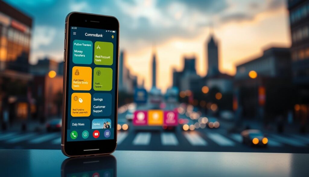 A vibrant and modern user interface showcasing the key features of the CommBank app. In the foreground, a sleek smartphone displays the app's intuitive navigation, seamless money transfers, and real-time account balances. The middle ground features a collection of colorful icons representing services like bill payments, savings tools, and customer support. In the background, a blurred cityscape with skyscrapers and bustling streets, conveying the app's integration with everyday banking needs. Soft, warm lighting illuminates the scene, creating a welcoming and trustworthy atmosphere for the user experience. A vibrant and modern user interface showcasing the key features of the CommBank app. In the foreground, a sleek smartphone displays the app's intuitive navigation, seamless money transfers, and real-time account balances. The middle ground features a collection of colorful icons representing services like bill payments, savings tools, and customer support. In the background, a blurred cityscape with skyscrapers and bustling streets, conveying the app's integration with everyday banking needs. Soft, warm lighting illuminates the scene, creating a welcoming and trustworthy atmosphere for the user experience.