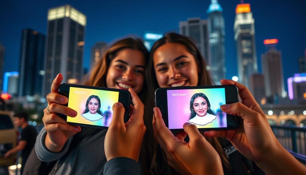 A vibrant and youthful scene of two friends using Snapchat on their smartphones, set against a lively urban backdrop. In the foreground, their hands hold the phones at an angle, the screen displays the "send snaps" interface with vivid colors and AR filters. The middle ground features their smiling faces, illuminated by the soft lighting of the devices. In the background, a dynamic city skyline with tall buildings and a hint of a neon-lit night sky creates an energetic atmosphere. The overall composition conveys a sense of spontaneity, connection, and the effortless sharing of the moment through the Snapchat app. A vibrant and youthful scene of two friends using Snapchat on their smartphones, set against a lively urban backdrop. In the foreground, their hands hold the phones at an angle, the screen displays the "send snaps" interface with vivid colors and AR filters. The middle ground features their smiling faces, illuminated by the soft lighting of the devices. In the background, a dynamic city skyline with tall buildings and a hint of a neon-lit night sky creates an energetic atmosphere. The overall composition conveys a sense of spontaneity, connection, and the effortless sharing of the moment through the Snapchat app.