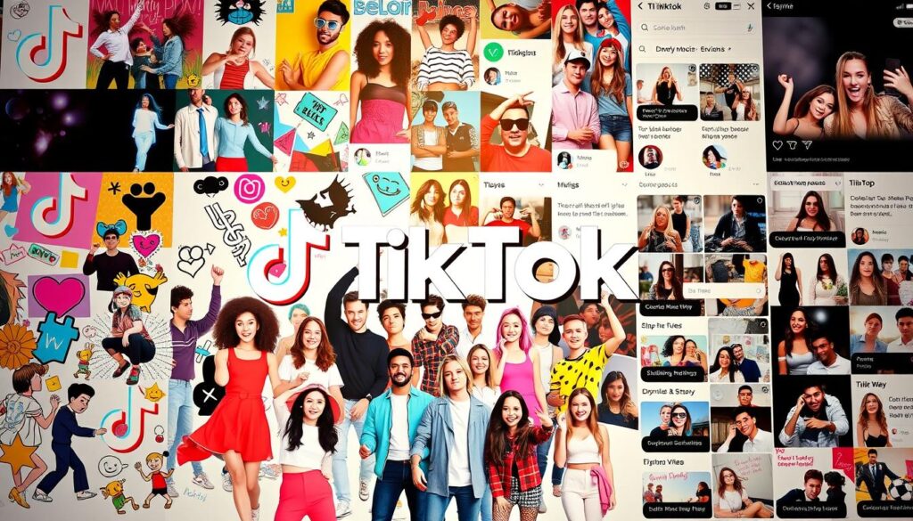 A vibrant collage depicting the diverse content categories of the TikTok platform. In the foreground, a dynamic arrangement of various popular icons and symbols representing dance, comedy, music, fashion, and lifestyle trends. The middle ground showcases a diverse array of TikTok creators and influencers, each with their unique styles and personalities. In the background, a stylized grid layout mimics the TikTok interface, with glimpses of trending videos and hashtags. The overall composition conveys the energy, creativity, and sense of community that defines the TikTok experience. The lighting is bright and warm, with a slight cinematic flair, emphasizing the visual appeal and immersive nature of the platform. A vibrant collage depicting the diverse content categories of the TikTok platform. In the foreground, a dynamic arrangement of various popular icons and symbols representing dance, comedy, music, fashion, and lifestyle trends. The middle ground showcases a diverse array of TikTok creators and influencers, each with their unique styles and personalities. In the background, a stylized grid layout mimics the TikTok interface, with glimpses of trending videos and hashtags. The overall composition conveys the energy, creativity, and sense of community that defines the TikTok experience. The lighting is bright and warm, with a slight cinematic flair, emphasizing the visual appeal and immersive nature of the platform.