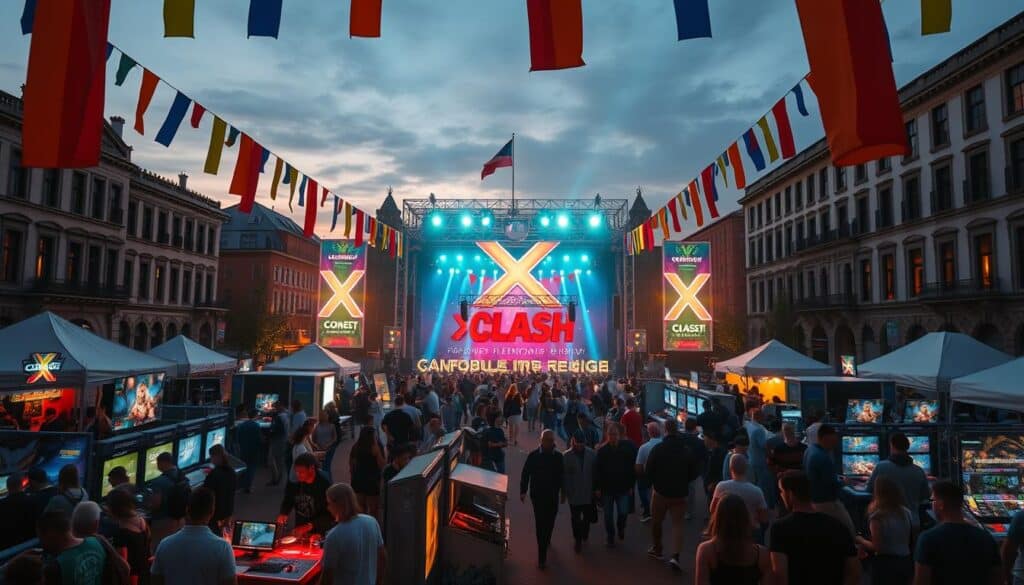 A vibrant festival scene unfolding in a bustling town square, the focal point being a large stage adorned with neon-lit "X-Clash" signage. Colorful banners and streamers flutter in the warm evening breeze, creating a celebratory atmosphere. In the foreground, groups of enthusiastic gamers and spectators gather around interactive gaming stations, engrossed in intense multiplayer matches. The middle ground showcases a diverse range of booths and vendor stalls, offering a variety of merchandise, refreshments, and gaming-themed activities. The background is filled with the silhouettes of historic buildings, their windows aglow, hinting at the lively energy that permeates the event. Dramatic lighting and a sense of dynamic movement bring this vibrant "Διαγωνισμοί X-Clash" scene to life.