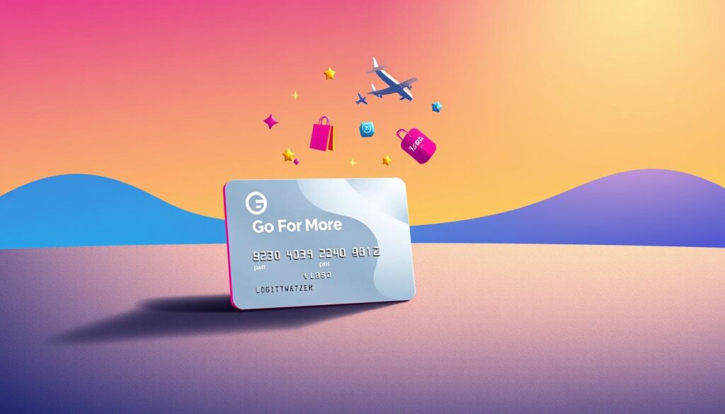 A vibrant, gradient-rich illustration showcasing the "Go For More" rewards program. In the foreground, a stylized credit card design featuring a sleek, metallic silver finish and the program's distinctive logo. The card is placed on a textured, gray background, casting a soft, natural shadow. In the middle ground, a series of reward icons - shopping bags, plane icons, and star symbols - float dynamically, hinting at the program's diverse offerings. The background features a subtly patterned, gradient-infused sky, creating a sense of depth and sophistication. Warm, directional lighting casts a subtle glow, enhancing the premium, elevated aesthetic. The overall composition conveys a modern, aspirational tone that resonates with the program's target audience. A vibrant, gradient-rich illustration showcasing the "Go For More" rewards program. In the foreground, a stylized credit card design featuring a sleek, metallic silver finish and the program's distinctive logo. The card is placed on a textured, gray background, casting a soft, natural shadow. In the middle ground, a series of reward icons - shopping bags, plane icons, and star symbols - float dynamically, hinting at the program's diverse offerings. The background features a subtly patterned, gradient-infused sky, creating a sense of depth and sophistication. Warm, directional lighting casts a subtle glow, enhancing the premium, elevated aesthetic. The overall composition conveys a modern, aspirational tone that resonates with the program's target audience.