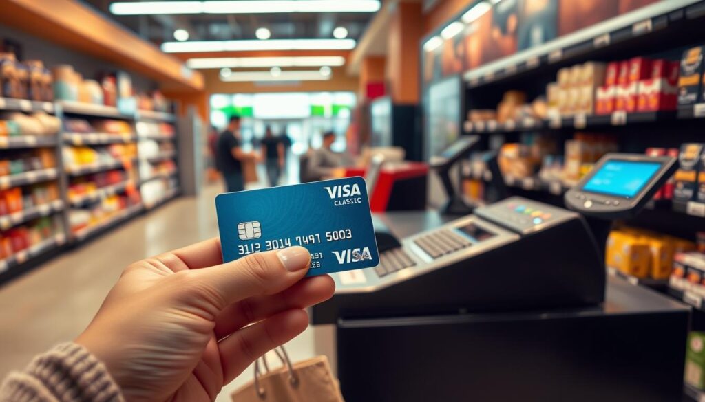 A vibrant scene showcasing the convenience of Visa Classic for everyday purchases. In the foreground, a shopper's hand holds a Visa Classic card, the polished metal gleaming under warm, inviting lighting. The middle ground features a sleek, modern checkout counter with a point-of-sale terminal, conveying a smooth, seamless transaction. The background depicts a well-stocked store interior, with shelves of diverse merchandise and a sense of bustling activity, all captured through a wide-angle lens to emphasize the overall ease and accessibility of the Visa Classic shopping experience. The overall mood is one of efficiency, reliability, and consumer confidence. A vibrant scene showcasing the convenience of Visa Classic for everyday purchases. In the foreground, a shopper's hand holds a Visa Classic card, the polished metal gleaming under warm, inviting lighting. The middle ground features a sleek, modern checkout counter with a point-of-sale terminal, conveying a smooth, seamless transaction. The background depicts a well-stocked store interior, with shelves of diverse merchandise and a sense of bustling activity, all captured through a wide-angle lens to emphasize the overall ease and accessibility of the Visa Classic shopping experience. The overall mood is one of efficiency, reliability, and consumer confidence.