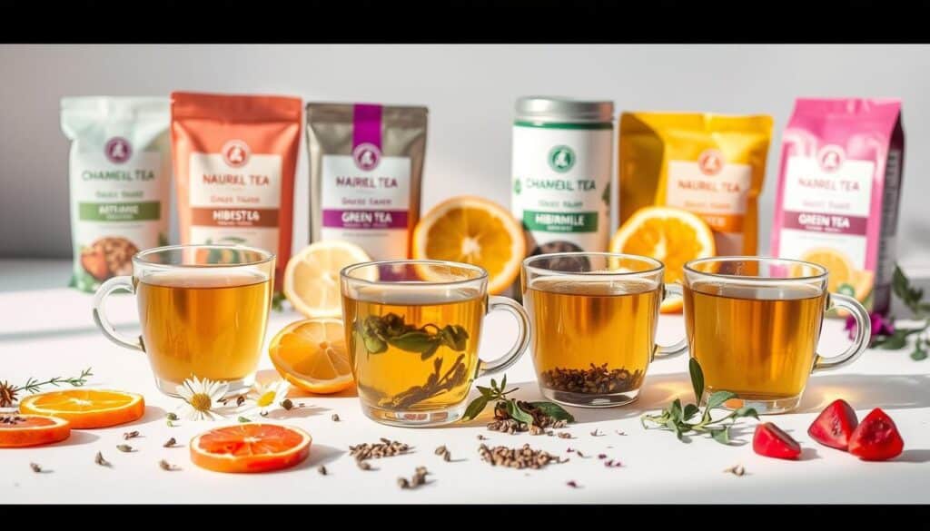 A vibrant still life arrangement showcasing an array of natural detox teas against a clean, minimalist background. In the foreground, a selection of freshly brewed herbal infusions - chamomile, green tea, and hibiscus - are presented in delicate glass teacups. Scattered around them are sliced citrus fruits, sprigs of fragrant herbs, and a few loose tea leaves, creating a visually appealing and soothing composition. The middle ground features a variety of tea packages and loose leaf canisters, their labels highlighting the skin-nourishing benefits of these natural detoxifying blends. The background is a simple, soft-focused setting, allowing the organic, earthy tones of the teas and their accoutrements to take center stage. Gentle, natural lighting casts a warm, inviting glow over the entire scene, conveying a sense of wellness and tranquility.