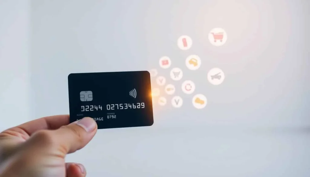 A vibrant visual illustration of how cashback works, set in a modern, minimalist environment. In the foreground, a person's hand holds a sleek credit card, the focal point of the image. The card emits a soft, warm glow, symbolizing the financial rewards it provides. In the middle ground, a series of circular icons representing various purchase categories, such as dining, shopping, and travel, cascade around the card, suggesting the diverse ways in which cashback can be earned. The background is a clean, neutral space, allowing the central elements to stand out and command attention. The lighting is soft and diffused, creating a sense of depth and emphasis on the key components. The overall mood is one of simplicity, clarity, and the empowering financial benefits of cashback.