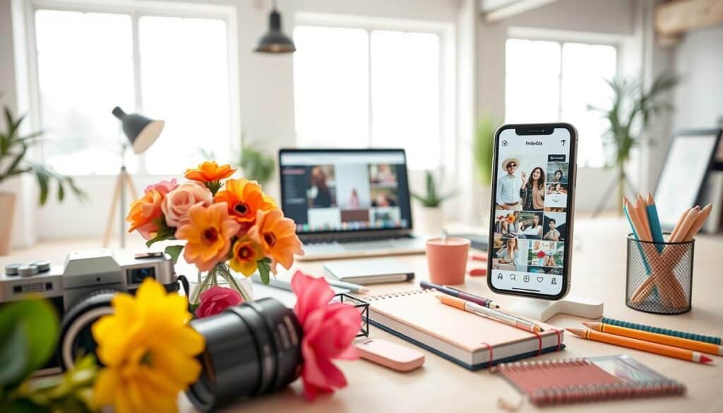 A visually captivating spread of Instagram-worthy visual tips, captured in a crisp, professional-grade photograph. In the foreground, an assortment of colorful, on-trend props and design elements - a retro camera, a vibrant floral arrangement, a sleek smartphone displaying an Instagram feed. The middle ground features a clean, minimalist desktop workspace, with a laptop, notepad, and various stationery items neatly arranged. The background showcases a bright, airy studio setting, with large windows allowing natural light to flood the scene, creating a warm, inviting atmosphere. The overall composition is balanced, with a focus on clean, modern aesthetics and a cohesive, visually striking style that embodies the essence of Instagram's visual storytelling. A visually captivating spread of Instagram-worthy visual tips, captured in a crisp, professional-grade photograph. In the foreground, an assortment of colorful, on-trend props and design elements - a retro camera, a vibrant floral arrangement, a sleek smartphone displaying an Instagram feed. The middle ground features a clean, minimalist desktop workspace, with a laptop, notepad, and various stationery items neatly arranged. The background showcases a bright, airy studio setting, with large windows allowing natural light to flood the scene, creating a warm, inviting atmosphere. The overall composition is balanced, with a focus on clean, modern aesthetics and a cohesive, visually striking style that embodies the essence of Instagram's visual storytelling.