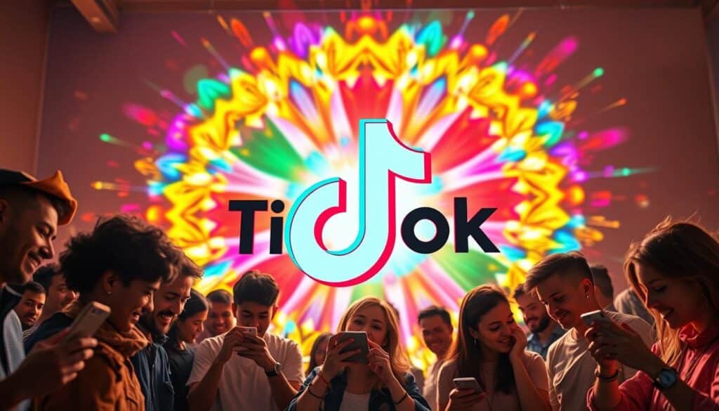 A visually striking advertisement for TikTok, capturing the platform's dynamic and energetic atmosphere. In the foreground, a group of diverse creators engaging with their smartphones, their expressions and body language conveying the excitement of content creation. The middle ground features a larger-than-life TikTok logo, rendered in a bold, vibrant color palette that commands attention. In the background, a kaleidoscope of colorful, abstract shapes and patterns swirl, mirroring the platform's algorithmic feed and the ever-changing nature of social media trends. The lighting is warm and soft, creating a welcoming and inviting ambiance. The overall composition suggests the immersive and engaging experience of TikTok's brand marketing and advertising. A visually striking advertisement for TikTok, capturing the platform's dynamic and energetic atmosphere. In the foreground, a group of diverse creators engaging with their smartphones, their expressions and body language conveying the excitement of content creation. The middle ground features a larger-than-life TikTok logo, rendered in a bold, vibrant color palette that commands attention. In the background, a kaleidoscope of colorful, abstract shapes and patterns swirl, mirroring the platform's algorithmic feed and the ever-changing nature of social media trends. The lighting is warm and soft, creating a welcoming and inviting ambiance. The overall composition suggests the immersive and engaging experience of TikTok's brand marketing and advertising.