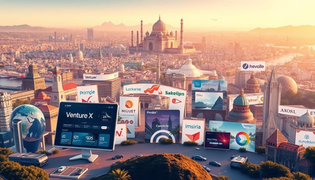 A visually striking comparison of Venture X travel portal and its competitors, captured in a detailed, cinematic illustration. In the foreground, the Venture X logo and branding stand out prominently, surrounded by a sleek, modern interface showcasing its unique features and benefits. In the middle ground, various other well-known travel portals are depicted, each with its own distinct visual identity, allowing for a side-by-side comparison. The background features a panoramic landscape of iconic travel destinations, hinting at the expansive possibilities offered by these platforms. The composition is balanced and harmonious, with carefully considered lighting, depth of field, and camera angles to create a sense of depth and visual interest. The overall mood is one of sophistication, innovation, and the thrill of exploring the world through the lens of these digital travel solutions. A visually striking comparison of Venture X travel portal and its competitors, captured in a detailed, cinematic illustration. In the foreground, the Venture X logo and branding stand out prominently, surrounded by a sleek, modern interface showcasing its unique features and benefits. In the middle ground, various other well-known travel portals are depicted, each with its own distinct visual identity, allowing for a side-by-side comparison. The background features a panoramic landscape of iconic travel destinations, hinting at the expansive possibilities offered by these platforms. The composition is balanced and harmonious, with carefully considered lighting, depth of field, and camera angles to create a sense of depth and visual interest. The overall mood is one of sophistication, innovation, and the thrill of exploring the world through the lens of these digital travel solutions.
