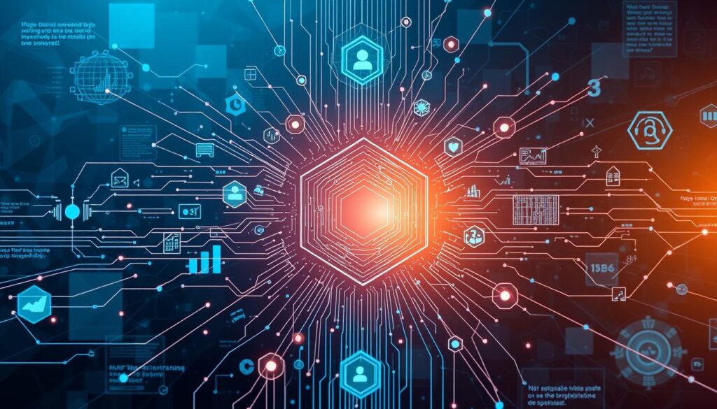 A visually striking composition that seamlessly blends the digital and physical worlds. A central hexagon grid, symbolizing the core elements of digital transformation, takes center stage, surrounded by dynamic data visualizations, interconnected digital devices, and a backdrop of abstract geometric patterns in shades of blue and gray. The lighting is soft and diffused, creating a sense of depth and dimensionality, while the overall atmosphere conveys a balance of technology, innovation, and modernization. The image should evoke a sense of progress, interconnectedness, and the integration of digital solutions into the business landscape.