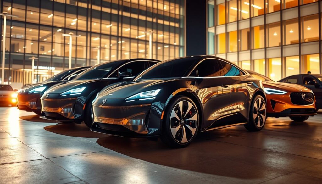 A visually striking image of the most popular electric vehicles (EVs) currently available in Greece. The scene depicts several sleek, modern EV models parked together in a well-lit, urban setting. The vehicles are showcased from a low, dynamic angle that accentuates their streamlined, futuristic designs. The lighting is a mix of warm, soft natural illumination and cool, technical lighting, creating an atmosphere of technological sophistication. The background features a backdrop of modern, glass-and-steel architecture, hinting at the integration of EVs into the urban landscape. The overall composition conveys a sense of excitement and desirability around these environmentally-friendly, high-performance electric cars that are capturing the attention of Greek consumers.
