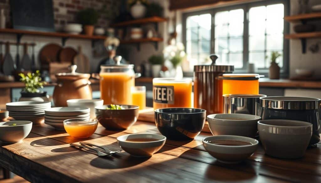 A warm and inviting kitchen scene featuring an artfully arranged display of various bone broth recipes. In the foreground, a rustic wooden table showcases a selection of bowls, spoons, and garnishes, casting soft shadows under natural lighting from an oversized window. In the middle ground, simmering pots of bone broth emit delicate wisps of steam, their rich, golden hues reflecting the cozy ambiance. The background blends seamlessly, with a blend of neutral tones and natural textures, such as exposed brick walls and wooden shelving, creating a cohesive and visually appealing composition that evokes a sense of homemade nourishment and wellness. A warm and inviting kitchen scene featuring an artfully arranged display of various bone broth recipes. In the foreground, a rustic wooden table showcases a selection of bowls, spoons, and garnishes, casting soft shadows under natural lighting from an oversized window. In the middle ground, simmering pots of bone broth emit delicate wisps of steam, their rich, golden hues reflecting the cozy ambiance. The background blends seamlessly, with a blend of neutral tones and natural textures, such as exposed brick walls and wooden shelving, creating a cohesive and visually appealing composition that evokes a sense of homemade nourishment and wellness.
