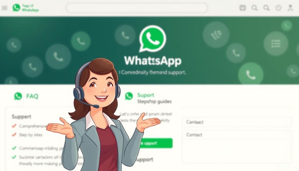 A warm, inviting illustration of the WhatsApp support resources. In the foreground, a friendly customer service agent gestures welcomingly, ready to assist users. The middle ground features a variety of support channels - a comprehensive FAQ, step-by-step guides, and a direct contact form. In the background, a soft, blurred image of the WhatsApp app interface conveys the context. The lighting is soft and diffused, creating a calming, approachable atmosphere. The composition is balanced, drawing the viewer's eye through the layers of support offered. A warm, inviting illustration of the WhatsApp support resources. In the foreground, a friendly customer service agent gestures welcomingly, ready to assist users. The middle ground features a variety of support channels - a comprehensive FAQ, step-by-step guides, and a direct contact form. In the background, a soft, blurred image of the WhatsApp app interface conveys the context. The lighting is soft and diffused, creating a calming, approachable atmosphere. The composition is balanced, drawing the viewer's eye through the layers of support offered.