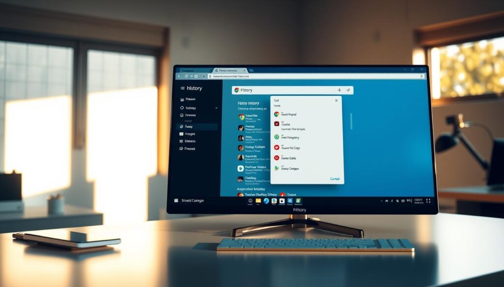 A well-lit desktop scene, showcasing a Chrome browser window with the history menu open, revealing a clear browsing history. The desktop surface is clean and uncluttered, with a sleek modern aesthetic. Warm, natural lighting streams in from a nearby window, casting a soft glow on the display. The chrome browser interface is rendered in high detail, with subtle reflections and a polished, professional appearance. The overall mood is one of simplicity, organization, and digital privacy. A well-lit desktop scene, showcasing a Chrome browser window with the history menu open, revealing a clear browsing history. The desktop surface is clean and uncluttered, with a sleek modern aesthetic. Warm, natural lighting streams in from a nearby window, casting a soft glow on the display. The chrome browser interface is rendered in high detail, with subtle reflections and a polished, professional appearance. The overall mood is one of simplicity, organization, and digital privacy.