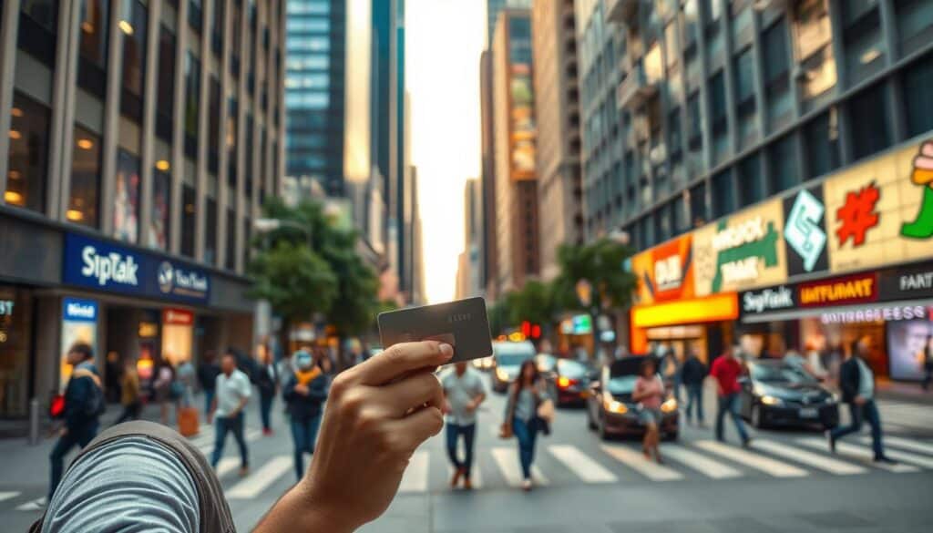A well-lit everyday scene in a modern urban setting. In the foreground, a person casually holds a credit card, examining it with a thoughtful expression. The middle ground features a bustling city street, with pedestrians and vehicles moving about their daily routines. In the background, a mix of high-rise buildings and vibrant storefronts creates a dynamic, energetic atmosphere. The lighting is soft and natural, highlighting the texture of the surroundings and the subject's face. The camera angle is slightly elevated, giving a sense of observation and providing a comprehensive view of the scene. The overall mood is one of comfortable familiarity, capturing the essence of everyday life. A well-lit everyday scene in a modern urban setting. In the foreground, a person casually holds a credit card, examining it with a thoughtful expression. The middle ground features a bustling city street, with pedestrians and vehicles moving about their daily routines. In the background, a mix of high-rise buildings and vibrant storefronts creates a dynamic, energetic atmosphere. The lighting is soft and natural, highlighting the texture of the surroundings and the subject's face. The camera angle is slightly elevated, giving a sense of observation and providing a comprehensive view of the scene. The overall mood is one of comfortable familiarity, capturing the essence of everyday life.