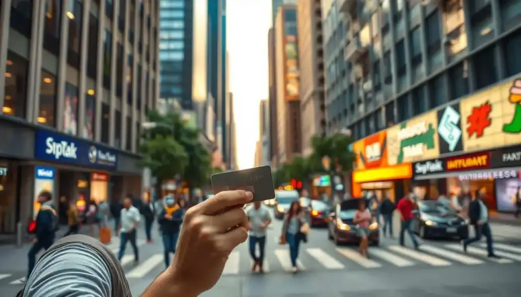 A well-lit everyday scene in a modern urban setting. In the foreground, a person casually holds a credit card, examining it with a thoughtful expression. The middle ground features a bustling city street, with pedestrians and vehicles moving about their daily routines. In the background, a mix of high-rise buildings and vibrant storefronts creates a dynamic, energetic atmosphere. The lighting is soft and natural, highlighting the texture of the surroundings and the subject's face. The camera angle is slightly elevated, giving a sense of observation and providing a comprehensive view of the scene. The overall mood is one of comfortable familiarity, capturing the essence of everyday life.