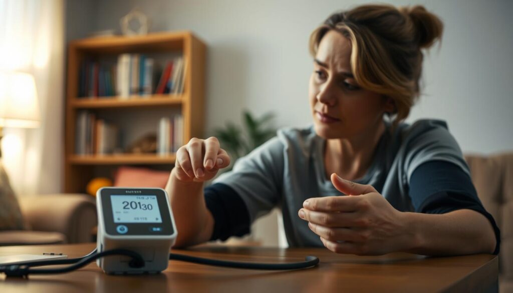 A well-lit home setting with a person sitting at a table, closely examining a digital blood pressure monitor. The monitor's display is clearly visible, showcasing the readings. In the background, a bookshelf or other home furnishings provide a sense of a comfortable, relaxed environment. The lighting is soft and warm, creating a welcoming atmosphere. The angle of the shot captures the person's focused attention on the monitor, emphasizing the importance of diligent blood pressure tracking. The scene conveys a sense of personal empowerment and engagement in one's health management.