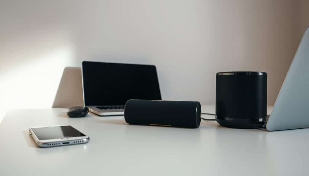 A well-lit workspace with a desk featuring an assortment of electronic devices - a smartphone, laptop, and a Bluetooth-enabled speaker. The devices are arranged neatly, ready for troubleshooting. The background is a clean, neutral-toned wall, allowing the devices to stand out. Soft, directional lighting from the side casts subtle shadows, creating a sense of depth and highlighting the textures of the electronics. The overall mood is one of focus and organization, setting the stage for a productive Bluetooth troubleshooting session. A well-lit workspace with a desk featuring an assortment of electronic devices - a smartphone, laptop, and a Bluetooth-enabled speaker. The devices are arranged neatly, ready for troubleshooting. The background is a clean, neutral-toned wall, allowing the devices to stand out. Soft, directional lighting from the side casts subtle shadows, creating a sense of depth and highlighting the textures of the electronics. The overall mood is one of focus and organization, setting the stage for a productive Bluetooth troubleshooting session.