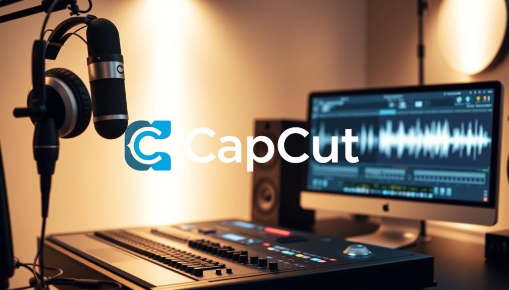 An elegant, modern audio workstation interface with CapCut's logo prominently displayed. The foreground features high-quality headphones, a professional-grade microphone, and various audio controls and sliders. The middle ground showcases a sleek desktop computer with a waveform visualization of an audio track. The background depicts a minimalist, well-lit studio setting with soft, warm lighting and clean lines, creating a sense of creative focus and productivity. An elegant, modern audio workstation interface with CapCut's logo prominently displayed. The foreground features high-quality headphones, a professional-grade microphone, and various audio controls and sliders. The middle ground showcases a sleek desktop computer with a waveform visualization of an audio track. The background depicts a minimalist, well-lit studio setting with soft, warm lighting and clean lines, creating a sense of creative focus and productivity.