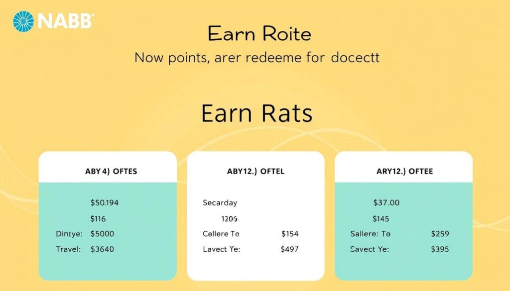 An elegantly designed infographic showcasing the "Earn Rates" for the NAB Rewards Signature credit card. A clean, minimalist layout with a warm, inviting color palette. The foreground features a clear, visually appealing breakdown of the different earn rates for various purchase categories, such as dining, travel, and everyday spending. The middle ground depicts an abstract pattern or graphic element that complements the overall design. The background subtly conveys a sense of motion or dynamism, hinting at the rewards and benefits of the card. Crisp, high-quality rendering with a focus on legibility and visual balance to effectively communicate the "How Points Are Earned and Redeemed" section of the article. An elegantly designed infographic showcasing the "Earn Rates" for the NAB Rewards Signature credit card. A clean, minimalist layout with a warm, inviting color palette. The foreground features a clear, visually appealing breakdown of the different earn rates for various purchase categories, such as dining, travel, and everyday spending. The middle ground depicts an abstract pattern or graphic element that complements the overall design. The background subtly conveys a sense of motion or dynamism, hinting at the rewards and benefits of the card. Crisp, high-quality rendering with a focus on legibility and visual balance to effectively communicate the "How Points Are Earned and Redeemed" section of the article.