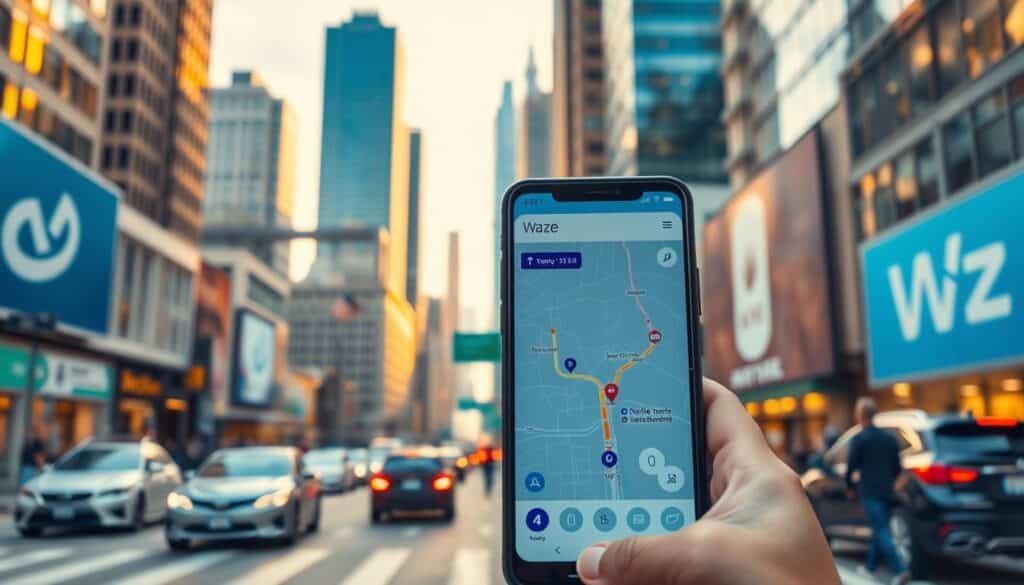 An expertly composed image of "συμβουλές Waze" set in a vibrant urban environment. In the foreground, a smartphone display showcases the Waze navigation app, its interface brimming with real-time traffic data and intuitive routing suggestions. The middle ground features a bustling city street, cars and pedestrians navigating through the scene, with Waze's signature blue-and-orange color palette reflected in the surrounding architecture and signage. The background depicts a skyline of towering skyscrapers, bathed in warm, golden light that creates a sense of depth and dynamism. The overall composition conveys the idea of Waze as a reliable, user-friendly tool for urban mobility, empowering drivers to make informed decisions and avoid delays.