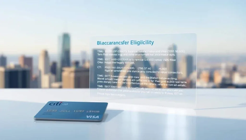 Citi Simplicity Card: Balance Transfer Eligibility A well-lit, crisp image showcasing the key details of Citi's balance transfer eligibility. In the foreground, a sleek Citi Simplicity card sits atop a clean, minimalist surface, reflecting the card's elegant design. Behind it, a holographic overlay displays the balance transfer terms and requirements in a clear, easy-to-read format. The background features a subtle, blurred cityscape, evoking the financial prowess of Citi. The overall composition conveys a sense of professionalism, attention to detail, and the reliable information consumers need to make informed decisions about balance transfers.