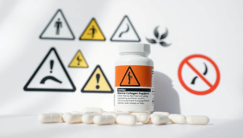Closeup of various food allergy warning symbols and marine collagen supplement pills against a clean, clinical white background. Soft, natural lighting from above creates subtle shadows. Crisp focus on the items, with a shallow depth of field blurring the background. Conveys a sense of caution and the need to be informed about potential allergies when taking collagen supplements. Closeup of various food allergy warning symbols and marine collagen supplement pills against a clean, clinical white background. Soft, natural lighting from above creates subtle shadows. Crisp focus on the items, with a shallow depth of field blurring the background. Conveys a sense of caution and the need to be informed about potential allergies when taking collagen supplements.