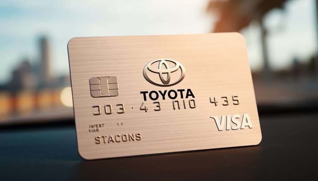 Detailed image of a Toyota Visa credit card with a clean, modern design. The card has a metallic, brushed finish with the Toyota logo prominently displayed in the center. The background features a soft, blurred out scene of a city skyline or a road, conveying a sense of mobility and travel. The lighting is warm and subdued, creating a premium, high-end feel. The camera angle showcases the card from a slight angle, highlighting its sleek, elegant form. The overall mood is one of sophistication, convenience, and the benefits of being a Toyota Visa cardholder.