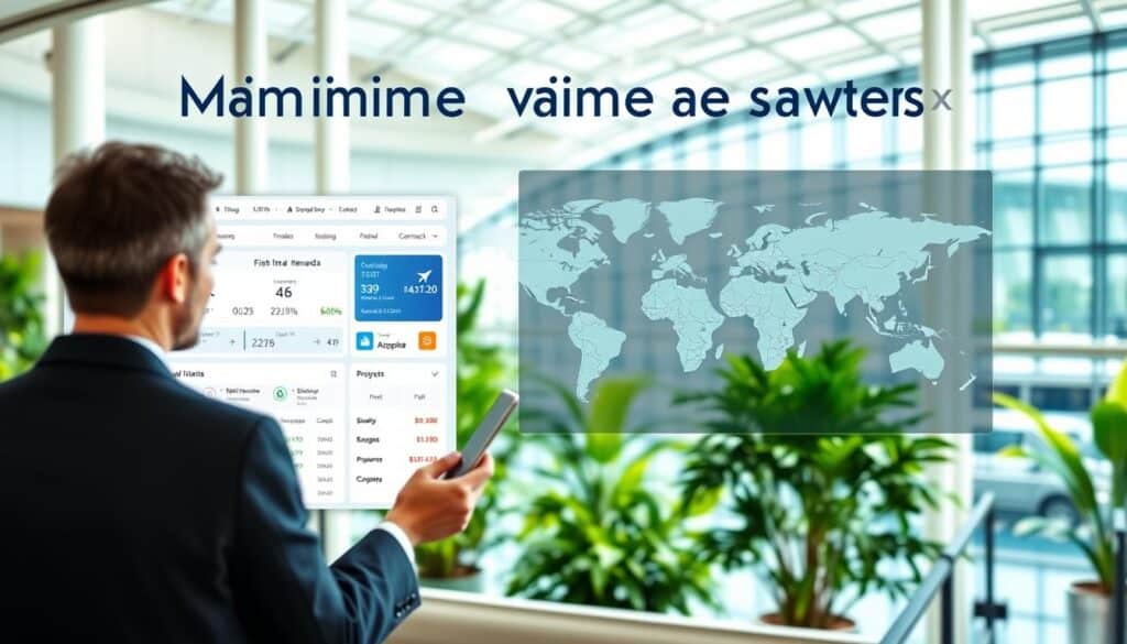 Maximize Venture X flight rewards: A clean, modern interface showcasing a personalized dashboard for optimizing air travel benefits. In the foreground, a well-dressed business traveler reviews upcoming flight details, loyalty program balances, and available discounts. The middle ground features an interactive map highlighting global destinations, while the background depicts a sleek airport terminal with lush greenery, ample natural lighting, and a sense of efficiency and productivity. The overall mood is one of streamlined travel experience, convenience, and the empowerment of the savvy frequent flyer. Maximize Venture X flight rewards: A clean, modern interface showcasing a personalized dashboard for optimizing air travel benefits. In the foreground, a well-dressed business traveler reviews upcoming flight details, loyalty program balances, and available discounts. The middle ground features an interactive map highlighting global destinations, while the background depicts a sleek airport terminal with lush greenery, ample natural lighting, and a sense of efficiency and productivity. The overall mood is one of streamlined travel experience, convenience, and the empowerment of the savvy frequent flyer.