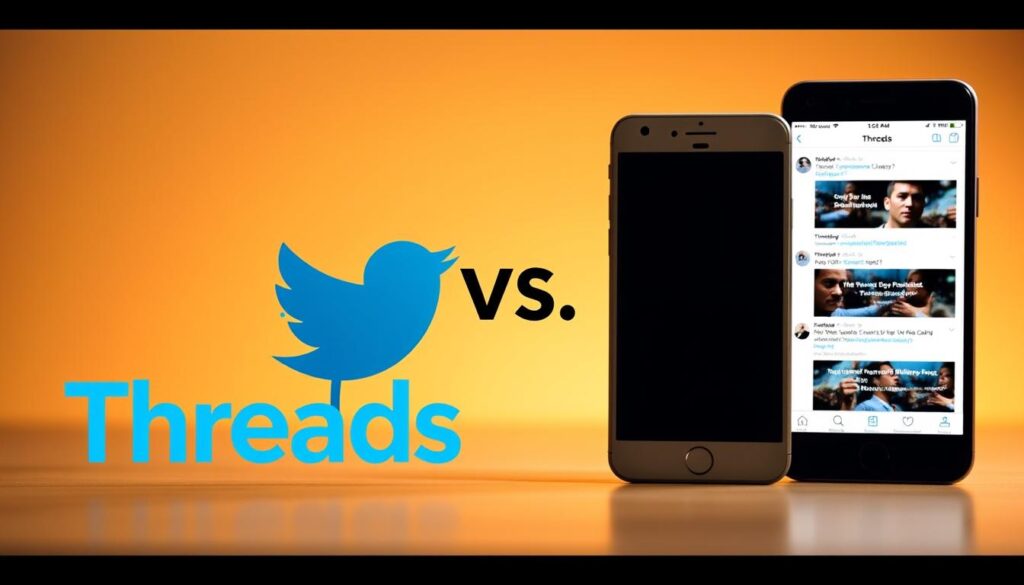 Threads vs Twitter: A Side-by-Side Comparison A crisp, dynamic composition showcasing the distinct visual identities of Threads and Twitter. In the foreground, the Threads logo, a vibrant gradient of blues and greens, stands tall and confident. Beside it, the iconic Twitter bird, rendered in sleek monochrome. In the middle ground, sleek smartphone screens display the contrasting user interfaces, Threads' minimalist elegance juxtaposed with Twitter's familiar layout. The background fades into a soft, blurred gradient, drawing the viewer's focus to the central comparison. Warm, diffused lighting casts a subtle glow, creating a sense of thoughtful evaluation. The overall mood is one of subtle tension, inviting the viewer to consider the nuanced differences between these two social media platforms. Threads vs Twitter: A Side-by-Side Comparison A crisp, dynamic composition showcasing the distinct visual identities of Threads and Twitter. In the foreground, the Threads logo, a vibrant gradient of blues and greens, stands tall and confident. Beside it, the iconic Twitter bird, rendered in sleek monochrome. In the middle ground, sleek smartphone screens display the contrasting user interfaces, Threads' minimalist elegance juxtaposed with Twitter's familiar layout. The background fades into a soft, blurred gradient, drawing the viewer's focus to the central comparison. Warm, diffused lighting casts a subtle glow, creating a sense of thoughtful evaluation. The overall mood is one of subtle tension, inviting the viewer to consider the nuanced differences between these two social media platforms.