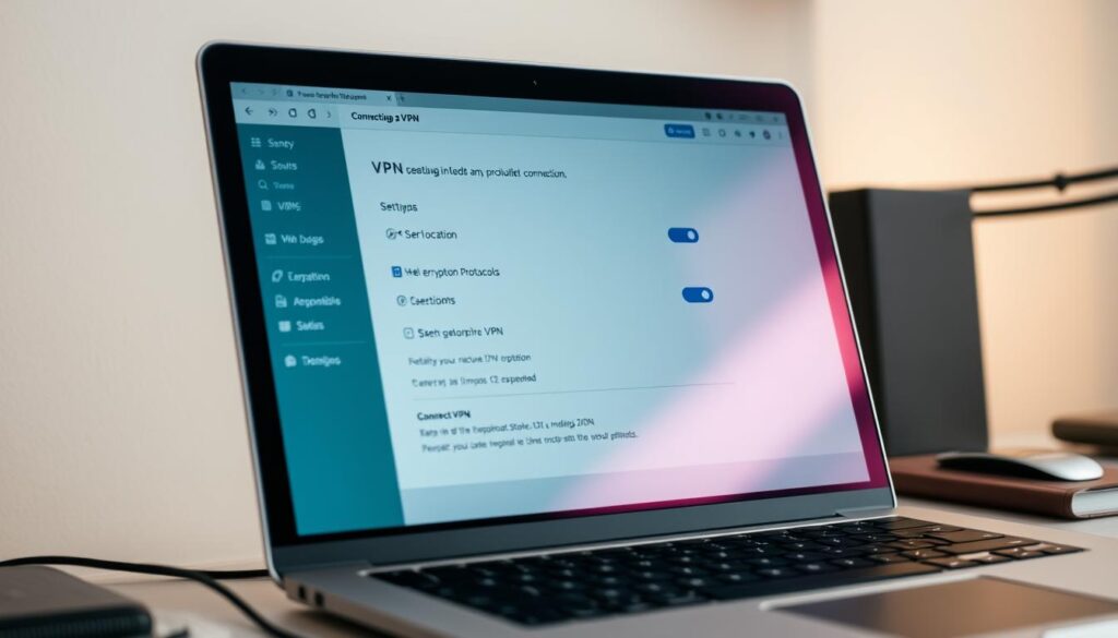 a closeup view of a laptop screen displaying a VPN setup interface, with a sleek and modern user interface design. The screen shows various settings and options for configuring the VPN connection, including server location, encryption protocols, and connection status. The laptop is positioned on a minimalist, clutter-free desk, with a subtle, warm lighting creating a focused and professional atmosphere. The angle of the shot emphasizes the simplicity and user-friendliness of the VPN setup process, making it accessible and straightforward for the reader to understand and implement. a closeup view of a laptop screen displaying a VPN setup interface, with a sleek and modern user interface design. The screen shows various settings and options for configuring the VPN connection, including server location, encryption protocols, and connection status. The laptop is positioned on a minimalist, clutter-free desk, with a subtle, warm lighting creating a focused and professional atmosphere. The angle of the shot emphasizes the simplicity and user-friendliness of the VPN setup process, making it accessible and straightforward for the reader to understand and implement.