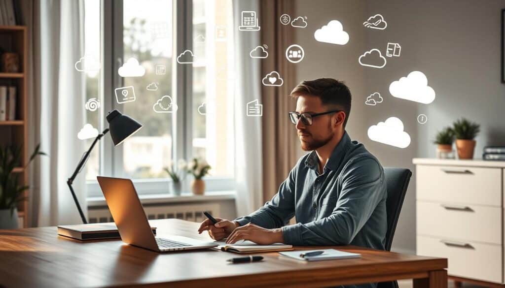 a detailed, photorealistic image of a person sitting at a desk in a modern, well-lit home office, with a laptop, notebook, and pen in front of them, surrounded by various cloud computing icons and symbols floating in the air around them, conveying the concept of "getting started with cloud computing". The image should have a warm, inviting atmosphere with soft, directional lighting from a window or lamp, and a clean, minimalist aesthetic. a detailed, photorealistic image of a person sitting at a desk in a modern, well-lit home office, with a laptop, notebook, and pen in front of them, surrounded by various cloud computing icons and symbols floating in the air around them, conveying the concept of "getting started with cloud computing". The image should have a warm, inviting atmosphere with soft, directional lighting from a window or lamp, and a clean, minimalist aesthetic.