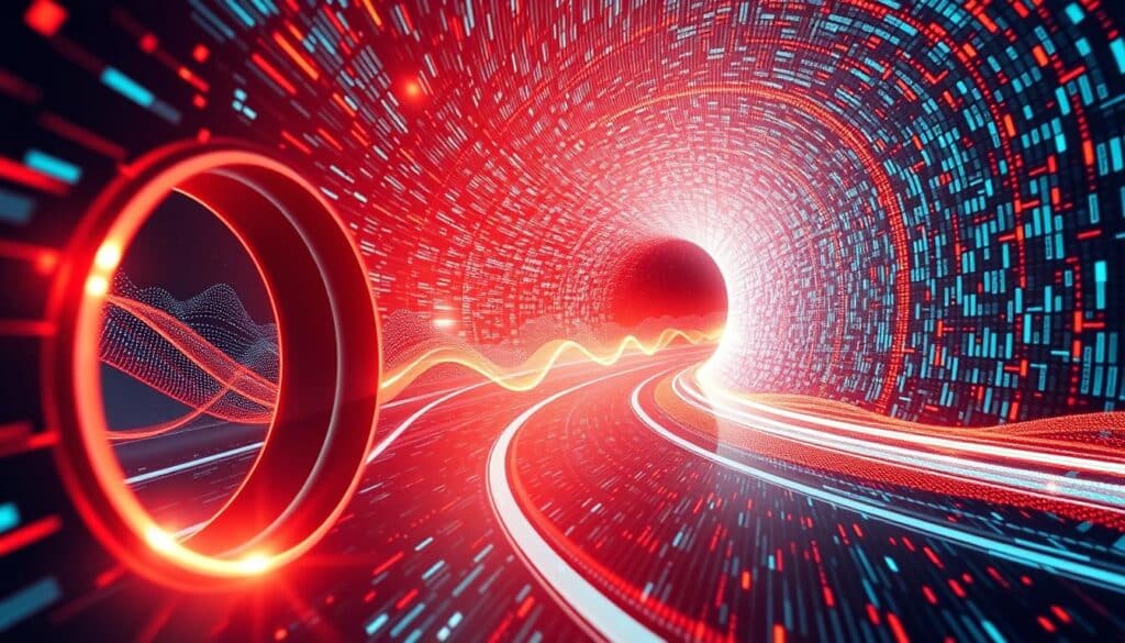 a detailed, vivid illustration of VPN speed, depicted as a shimmering tunnel of data flowing with varying densities and intensity, representing the dynamic nature of internet connectivity when using a virtual private network. The foreground shows the tunnel entrance, with a glowing, ethereal quality, while the middle ground features undulating data streams of different hues, suggesting fluctuations in speed and bandwidth. The background showcases a futuristic, sci-fi inspired landscape with digital patterns and matrices, conveying the technological sophistication of VPN technology. Crisp lighting and a slightly muted color palette create a sense of precision and clarity, effectively communicating the performance and usability considerations of VPNs. a detailed, vivid illustration of VPN speed, depicted as a shimmering tunnel of data flowing with varying densities and intensity, representing the dynamic nature of internet connectivity when using a virtual private network. The foreground shows the tunnel entrance, with a glowing, ethereal quality, while the middle ground features undulating data streams of different hues, suggesting fluctuations in speed and bandwidth. The background showcases a futuristic, sci-fi inspired landscape with digital patterns and matrices, conveying the technological sophistication of VPN technology. Crisp lighting and a slightly muted color palette create a sense of precision and clarity, effectively communicating the performance and usability considerations of VPNs.