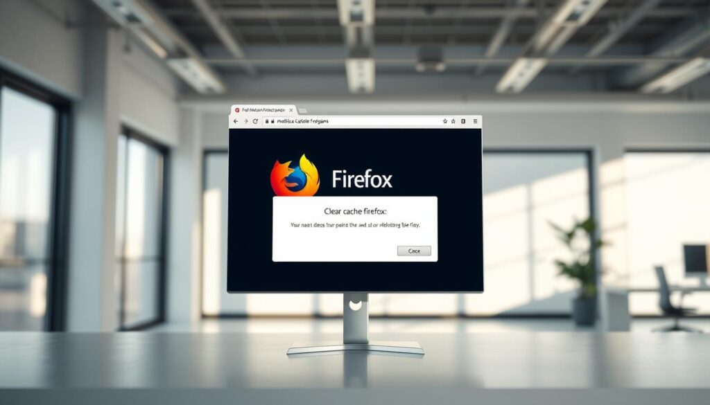 a high-resolution, detailed image of a computer screen showing the Mozilla Firefox web browser with a popup window displaying the "Clear Cache" dialog box in the foreground, set against a slightly blurred background of a clean, minimalist office workspace with natural lighting streaming in through large windows. The Firefox window should be prominently positioned, with the "Clear Cache" dialog box taking up a significant portion of the screen. The lighting should be bright and airy, creating a crisp, modern aesthetic. The overall composition should convey a sense of simplicity, efficiency, and focus on the task of clearing the browser cache. a high-resolution, detailed image of a computer screen showing the Mozilla Firefox web browser with a popup window displaying the "Clear Cache" dialog box in the foreground, set against a slightly blurred background of a clean, minimalist office workspace with natural lighting streaming in through large windows. The Firefox window should be prominently positioned, with the "Clear Cache" dialog box taking up a significant portion of the screen. The lighting should be bright and airy, creating a crisp, modern aesthetic. The overall composition should convey a sense of simplicity, efficiency, and focus on the task of clearing the browser cache.