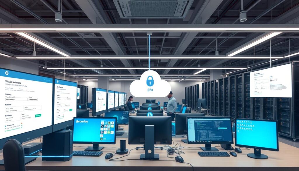 enterprise 2FA deployment - a secure corporate network with multiple servers, desktops, and mobile devices, all protected by a robust two-factor authentication system. The foreground showcases an authentication workflow, with employees accessing resources using a combination of passwords and dynamic security tokens. The middle ground depicts IT administrators configuring and managing the 2FA solution across the enterprise. In the background, the company's cloud infrastructure and data centers provide the underlying secure digital environment. Soft, professional lighting and clean, minimalist aesthetics convey a sense of efficiency, reliability, and attention to cybersecurity best practices. enterprise 2FA deployment - a secure corporate network with multiple servers, desktops, and mobile devices, all protected by a robust two-factor authentication system. The foreground showcases an authentication workflow, with employees accessing resources using a combination of passwords and dynamic security tokens. The middle ground depicts IT administrators configuring and managing the 2FA solution across the enterprise. In the background, the company's cloud infrastructure and data centers provide the underlying secure digital environment. Soft, professional lighting and clean, minimalist aesthetics convey a sense of efficiency, reliability, and attention to cybersecurity best practices.