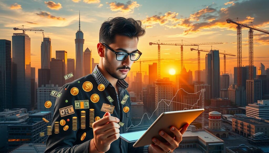 A bustling cityscape bathed in warm golden light, skyscrapers and cranes reaching skyward, symbolizing the relentless pursuit of financial success. In the foreground, a dynamic entrepreneur gazes intently at a tablet, surrounded by a flurry of dollar bills, coins, and financial charts projected onto the screen - a vivid representation of the endless opportunities to maximize income and build a thriving side hustle. The middle ground features a diverse array of small businesses, each one a testament to the boundless potential of innovative thinking and hard work. In the background, a picturesque sunset casts a serene, inspirational glow, hinting at the rewards that await those who seize the day and unleash their entrepreneurial spirit. A bustling cityscape bathed in warm golden light, skyscrapers and cranes reaching skyward, symbolizing the relentless pursuit of financial success. In the foreground, a dynamic entrepreneur gazes intently at a tablet, surrounded by a flurry of dollar bills, coins, and financial charts projected onto the screen - a vivid representation of the endless opportunities to maximize income and build a thriving side hustle. The middle ground features a diverse array of small businesses, each one a testament to the boundless potential of innovative thinking and hard work. In the background, a picturesque sunset casts a serene, inspirational glow, hinting at the rewards that await those who seize the day and unleash their entrepreneurial spirit.