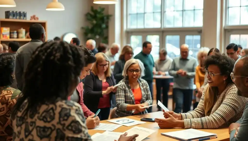 A bustling community center in a warm, inviting setting, with people of diverse backgrounds gathered around a table, discussing financial matters and accessing resources. In the foreground, a casually dressed but professional-looking person is gesturing animatedly, guiding the group through helpful information and solutions. The middle ground features a vibrant mix of individuals, some taking notes, others engaged in lively conversation. The background showcases the center's welcoming atmosphere, with natural light streaming in through large windows and a sense of togetherness and shared purpose permeating the space.