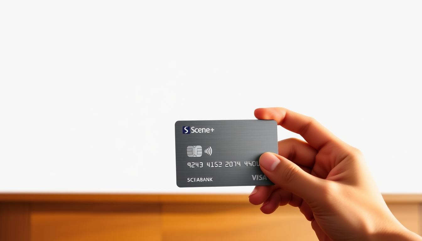 A clean, modern scene showcasing the Scotiabank Scene+ Visa credit card. In the foreground, a hand holding the sleek, metallic credit card against a crisp, white background. The card's surface reflects the light, highlighting its premium design. In the middle ground, a minimalist interface displays the Scene+ rewards program details, with clean typography and a simple color palette. The background features a subtly blurred cityscape, hinting at the card's utility for everyday purchases and travel. Warm, directional lighting casts soft shadows, creating a sense of depth and highlighting the card's elegant form. The overall mood is sophisticated, aspirational, and visually striking.