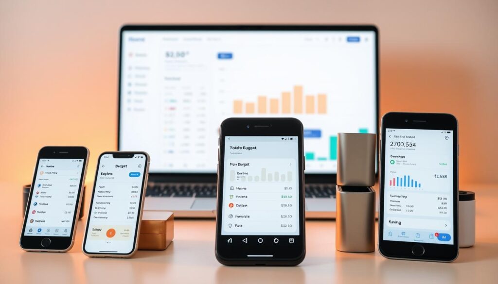 A collection of modern, intuitive budgeting applications on a minimalist desktop setup. In the foreground, multiple mobile devices display clean, user-friendly interfaces for tracking expenses, managing budgets, and monitoring financial goals. Behind them, a sleek laptop screen showcases a budgeting app's dashboard, providing an overview of income, spending, and savings. The background features a soft, muted color palette, creating a calming, focused atmosphere for personal finance management. Warm, directional lighting illuminates the scene, highlighting the elegant simplicity of the budgeting tools. The overall composition conveys a sense of organization, efficiency, and the empowering potential of technology to simplify money management.