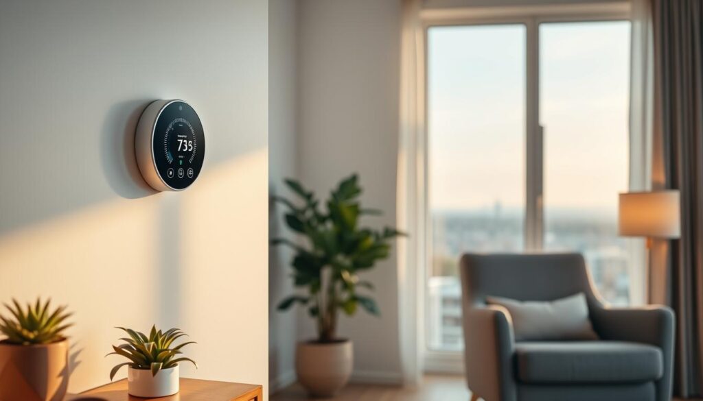 A cozy and inviting interior scene featuring an energy-efficient smart thermostat on a minimalist white wall. The thermostat's display shows a clear temperature reading and intuitive controls, bathed in warm, soft lighting from a nearby lamp. In the foreground, a potted plant and a stylish, wooden side table create a sense of balance and natural harmony. The middle ground showcases a plush, grey armchair, hinting at comfort and relaxation. The background features a large window overlooking a serene, urban landscape, emphasizing the home's efficient insulation and thermal regulation. The overall atmosphere conveys a calm, modern aesthetic that promotes energy-saving and cost-effective home management. A cozy and inviting interior scene featuring an energy-efficient smart thermostat on a minimalist white wall. The thermostat's display shows a clear temperature reading and intuitive controls, bathed in warm, soft lighting from a nearby lamp. In the foreground, a potted plant and a stylish, wooden side table create a sense of balance and natural harmony. The middle ground showcases a plush, grey armchair, hinting at comfort and relaxation. The background features a large window overlooking a serene, urban landscape, emphasizing the home's efficient insulation and thermal regulation. The overall atmosphere conveys a calm, modern aesthetic that promotes energy-saving and cost-effective home management.