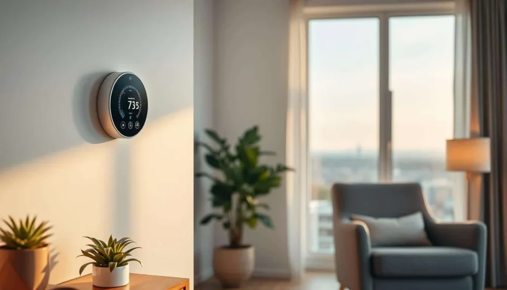A cozy and inviting interior scene featuring an energy-efficient smart thermostat on a minimalist white wall. The thermostat's display shows a clear temperature reading and intuitive controls, bathed in warm, soft lighting from a nearby lamp. In the foreground, a potted plant and a stylish, wooden side table create a sense of balance and natural harmony. The middle ground showcases a plush, grey armchair, hinting at comfort and relaxation. The background features a large window overlooking a serene, urban landscape, emphasizing the home's efficient insulation and thermal regulation. The overall atmosphere conveys a calm, modern aesthetic that promotes energy-saving and cost-effective home management.