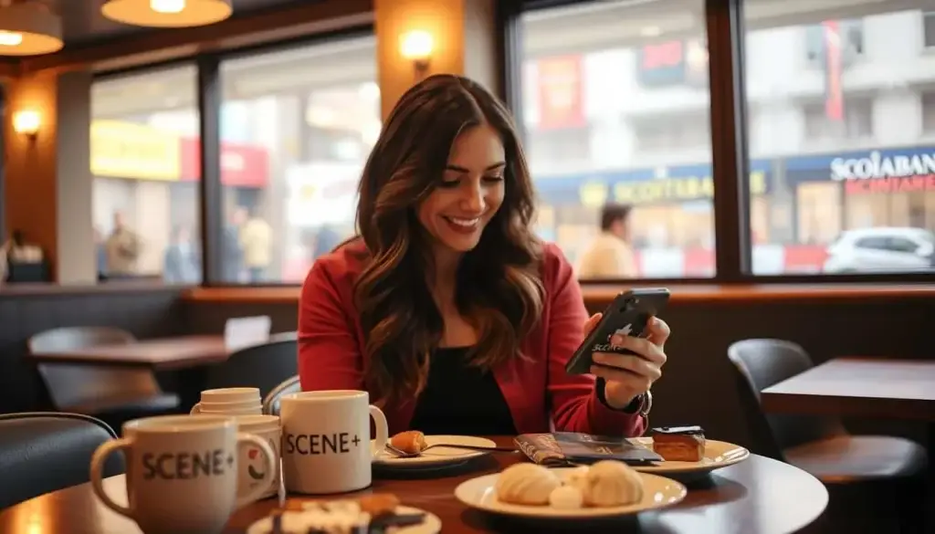 A cozy café interior, warm lighting illuminating the scene. In the foreground, a woman seated at a table, smiling as she browses through a mobile app on her phone, the Scotiabank Scene+ logo prominently displayed. Surrounding her, an assortment of coffee mugs, pastries, and a few Scene+ branded items, hinting at the ability to redeem points for dining and entertainment experiences. In the background, a large window overlooking a vibrant city street, suggesting the versatility of Scene+ points beyond just movies. The overall mood is one of relaxation and convenience, capturing the essence of redeeming Scene+ points for a variety of lifestyle choices.